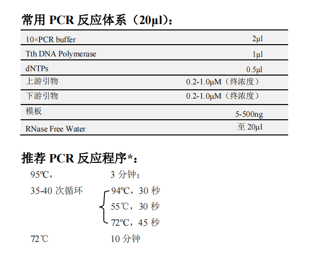 Tth DNA Polymerase 常用PCR反应体系（20μL）以及推荐PCR反应程序