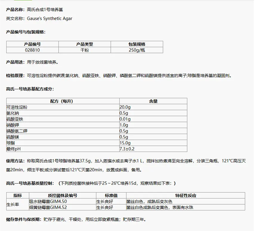 028810 高氏合成1号培养基 250g/瓶