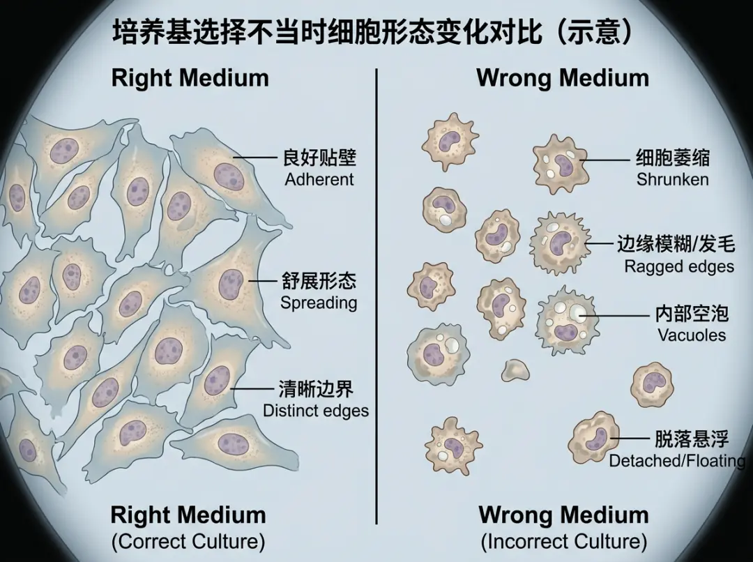 培养基选择不当时细胞形态变化对比(示意) 培养基选择不当时细胞形态变化对比(示意)