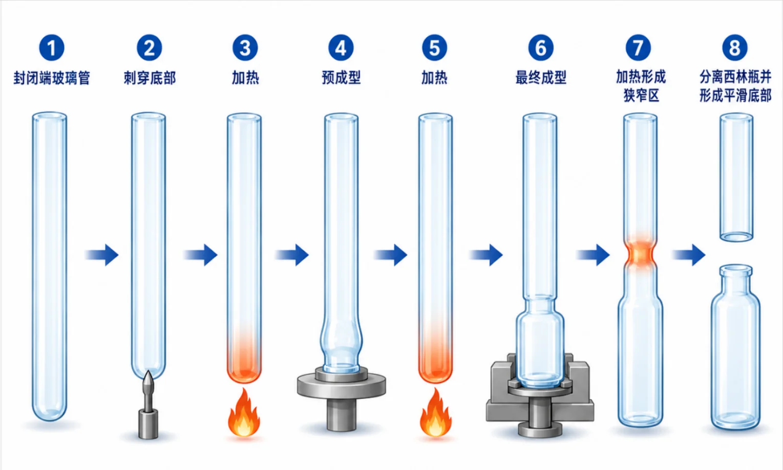 玻璃管制备西林瓶的典型工艺步骤 玻璃管制备西林瓶的典型工艺步骤